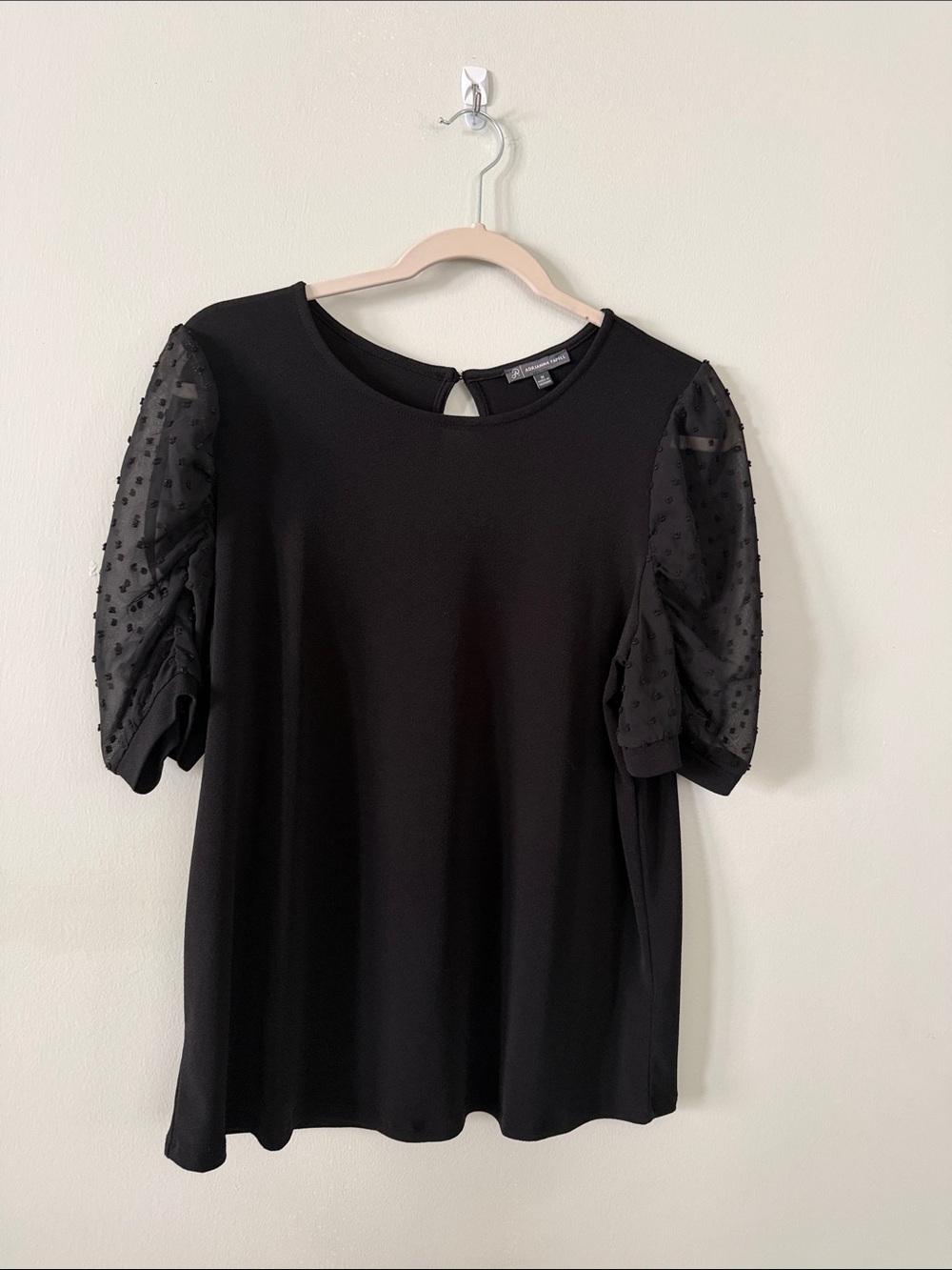 Adrianna Papell Black Puff Sleeve Dot Top